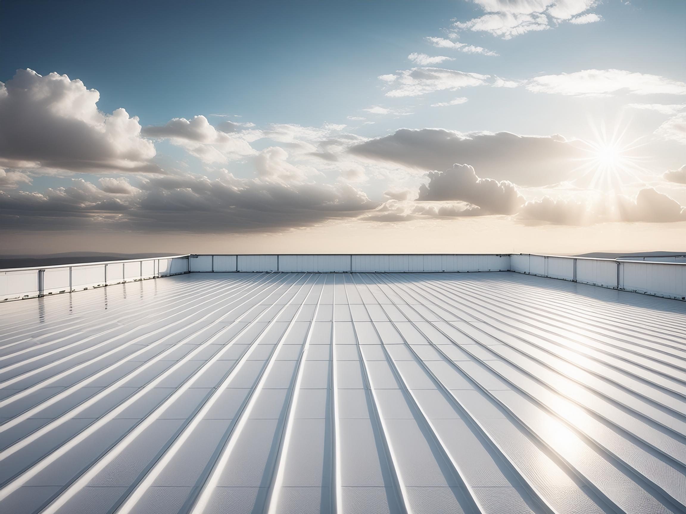 Firefly toiture bac acier d'un entrepôt repeint en blanc cool roofing. Paysage vide avec nuages et s